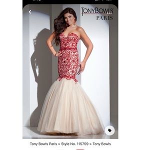 Tony Bowls Nude Prom Mermaid Gown With Red Beading (size 4)